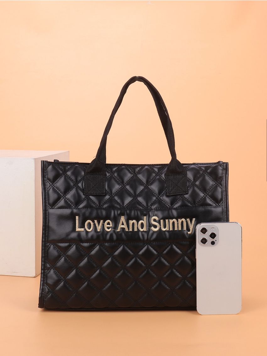 Quilted Letter Embroidered Top Handle Bag