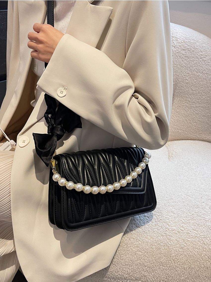 Faux Pearl Chain Decor Quilted Flap Square Bag