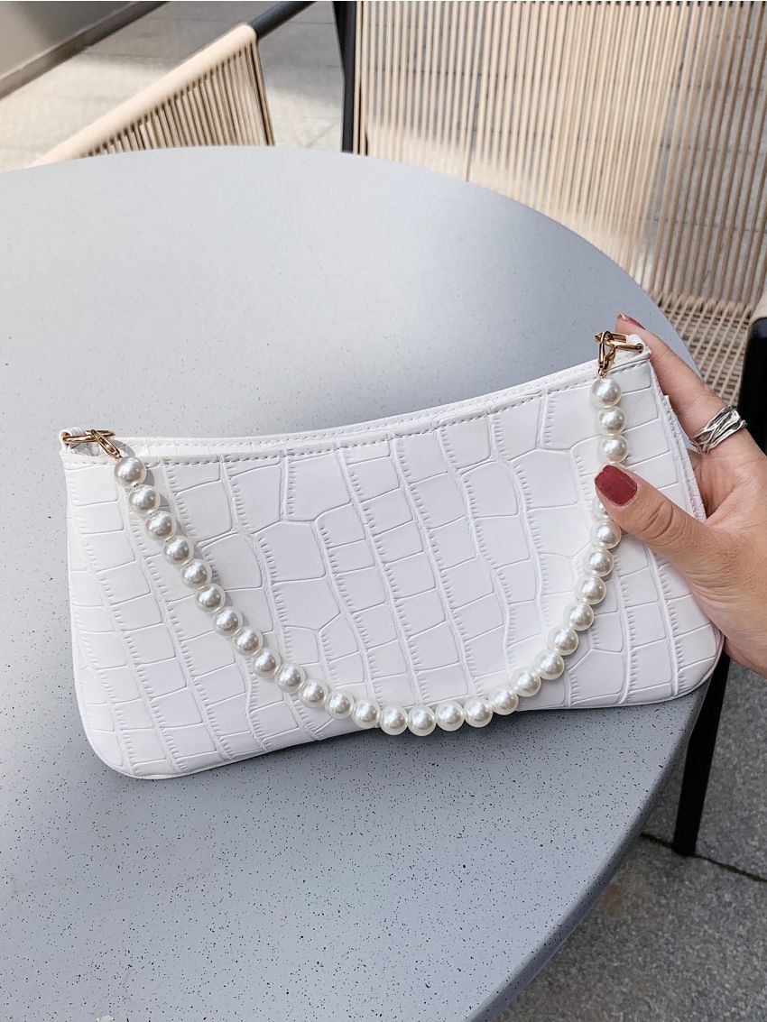 Crocodile Embossed Faux Pearl Decor Baguette Bag