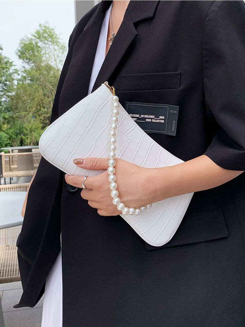 Crocodile Embossed Faux Pearl Decor Baguette Bag