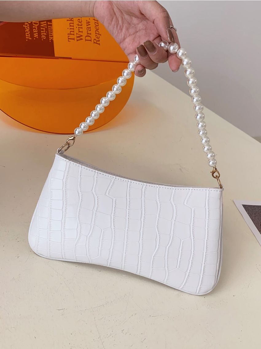 Crocodile Embossed Faux Pearl Decor Baguette Bag