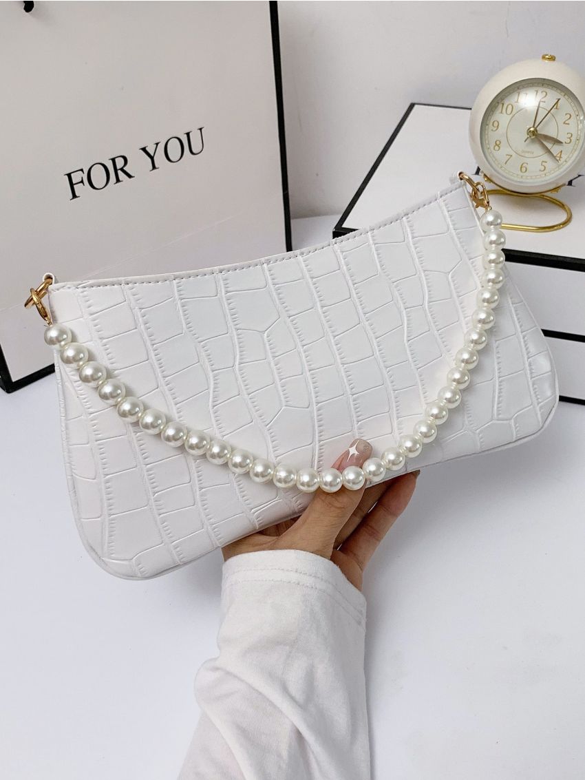 Crocodile Embossed Faux Pearl Decor Baguette Bag
