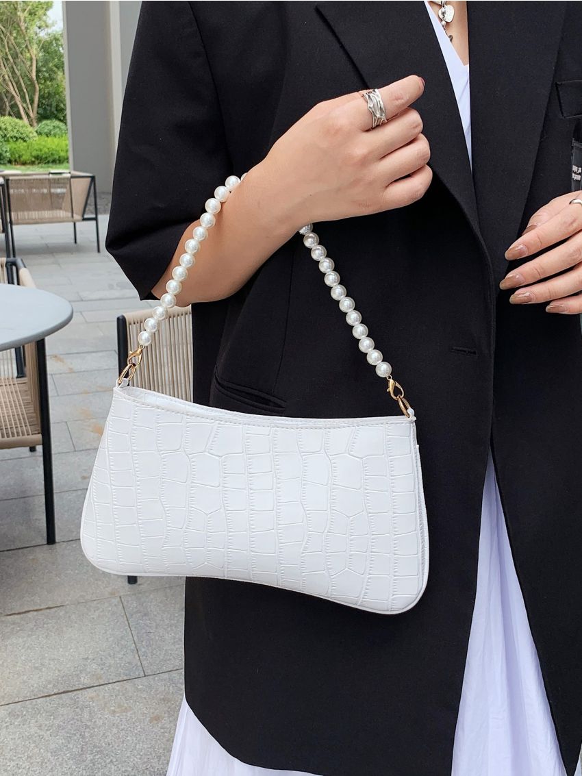 Crocodile Embossed Faux Pearl Decor Baguette Bag