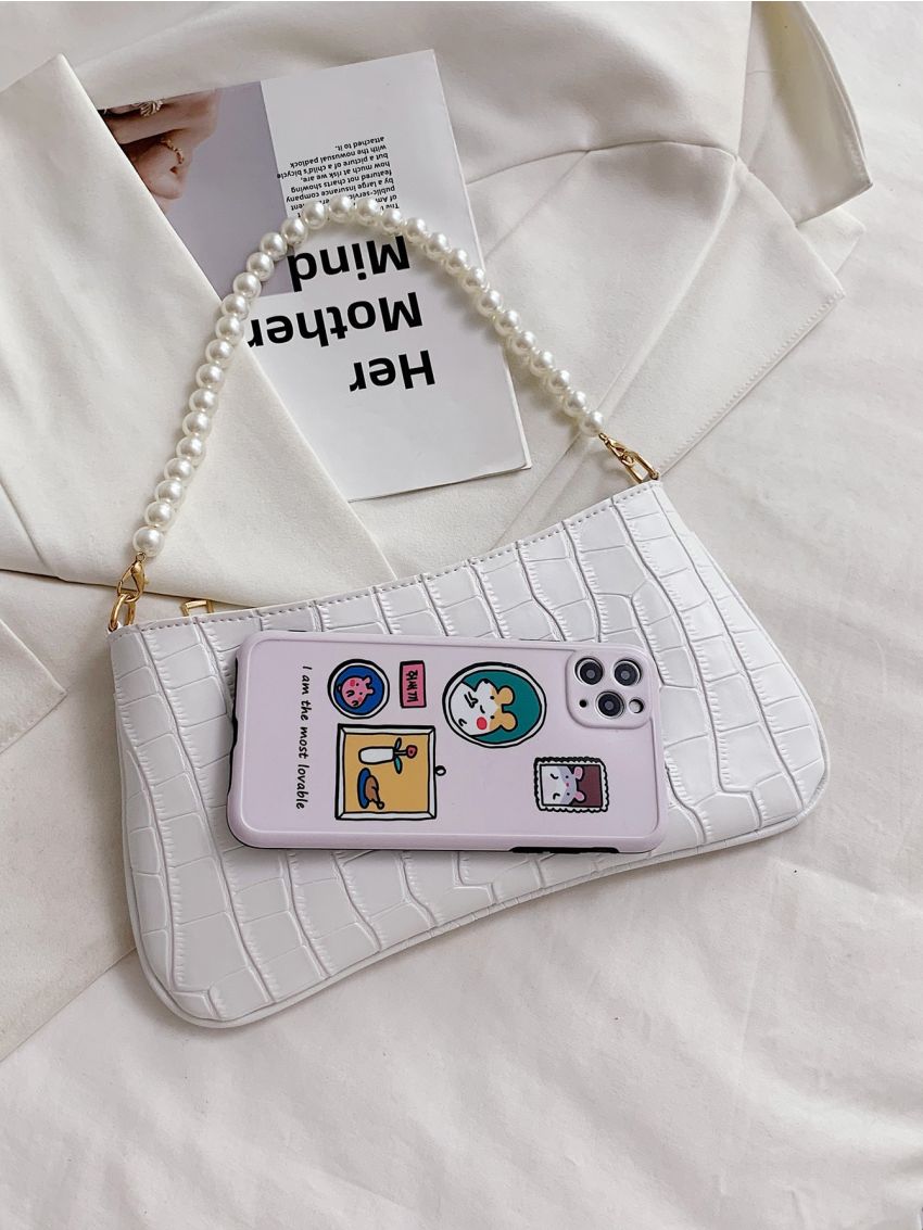 Crocodile Embossed Faux Pearl Decor Baguette Bag