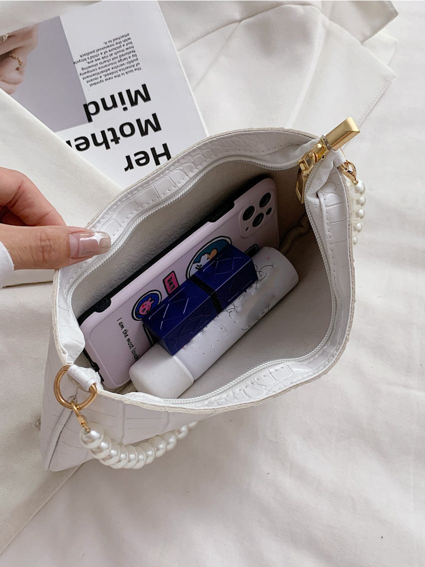 Crocodile Embossed Faux Pearl Decor Baguette Bag