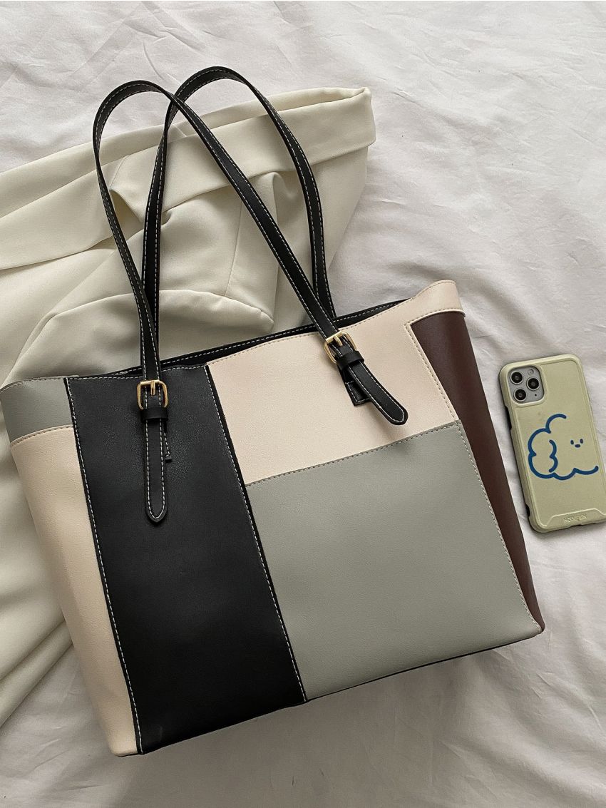 Colorblock Plaid Shoulder Tote Bag