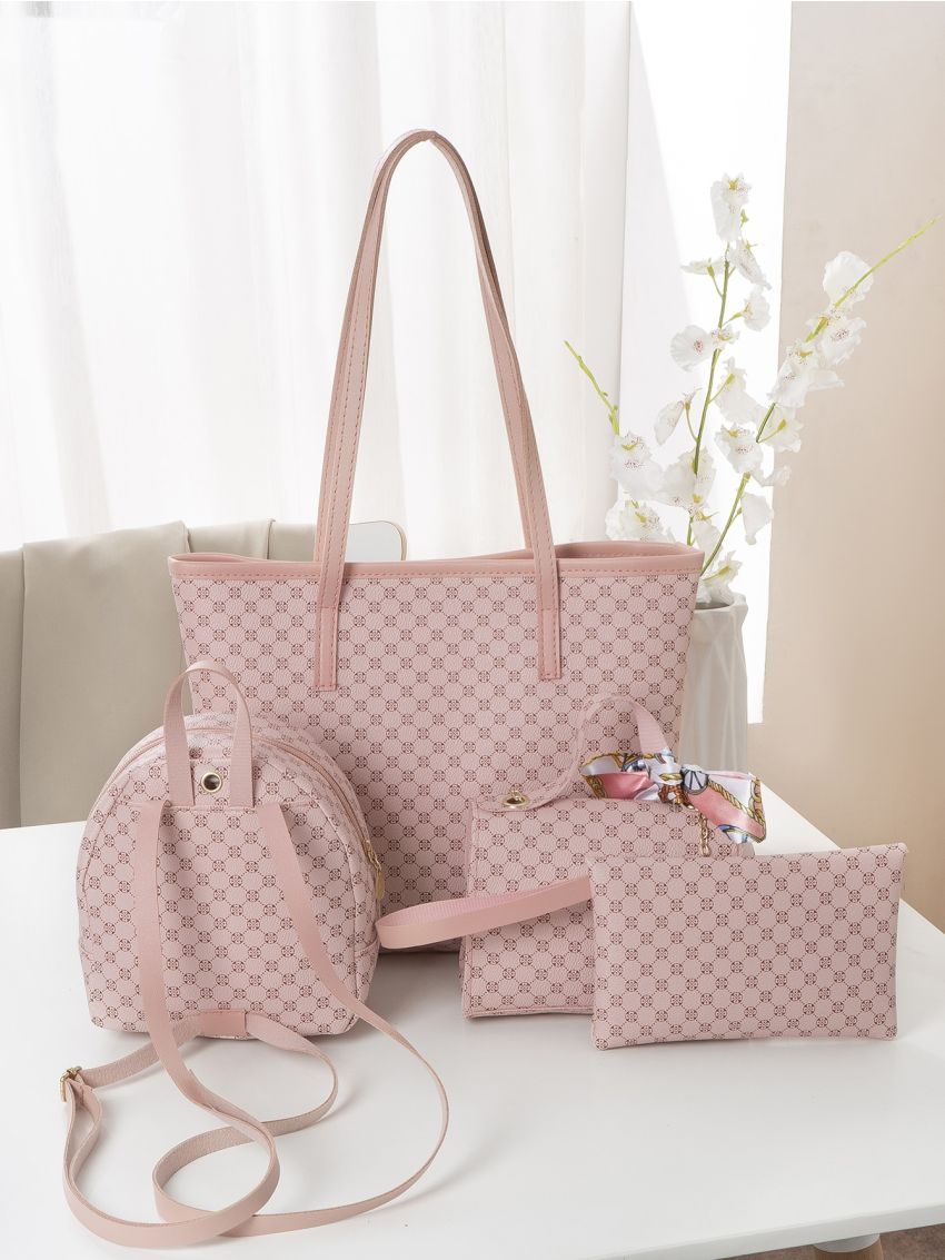 4pcs Twilly Scarf Decor Geo Graphic Tote Bag Set