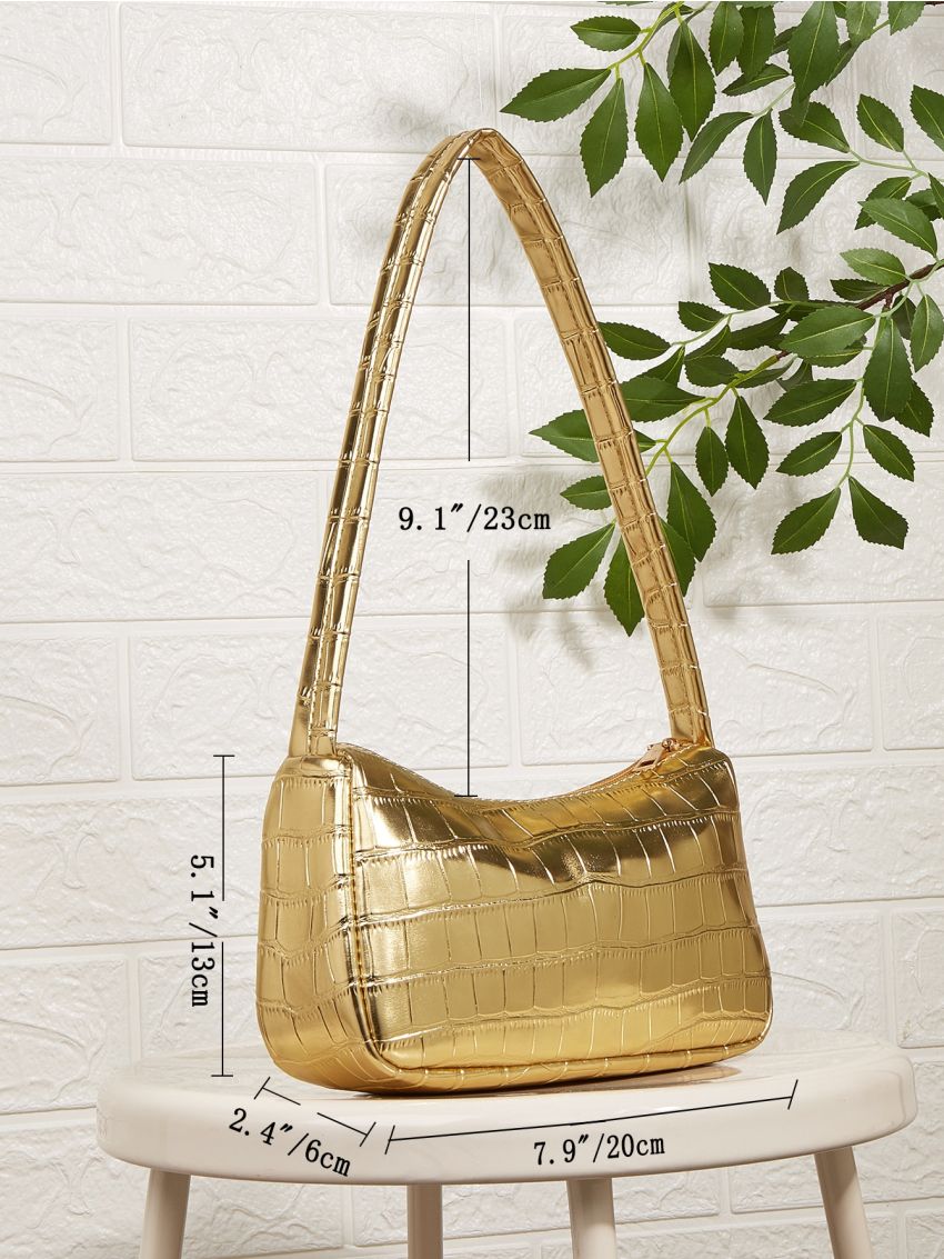 Mini Metallic Crocodile Embossed Baguette Bag