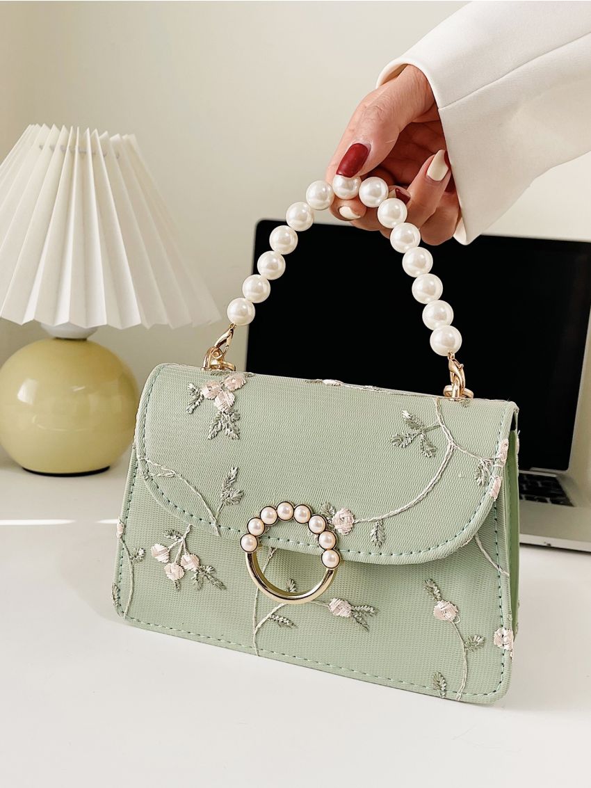 Mini Faux Pearl Decor Floral Embroidered Chain Bag
