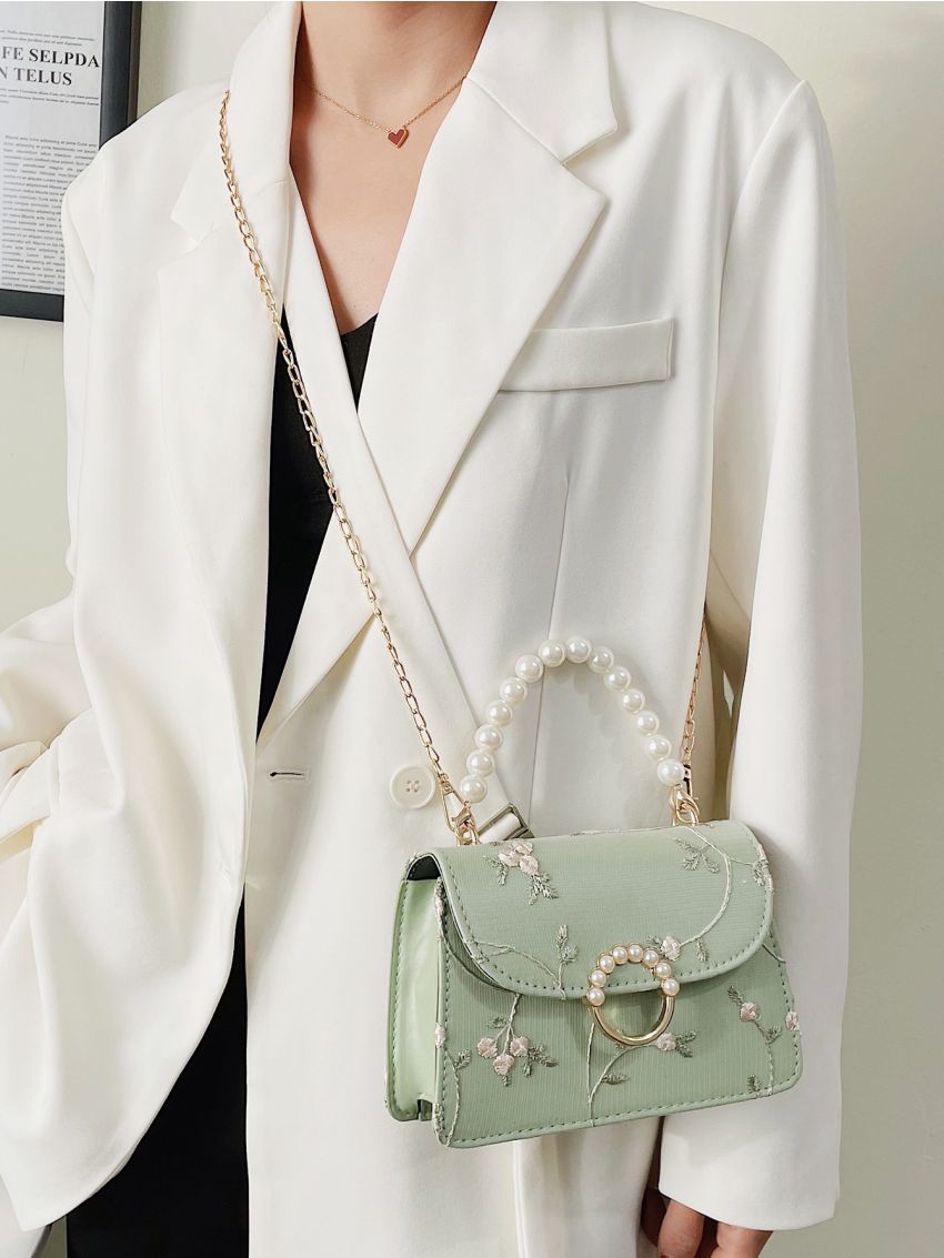 Mini Faux Pearl Decor Floral Embroidered Chain Bag