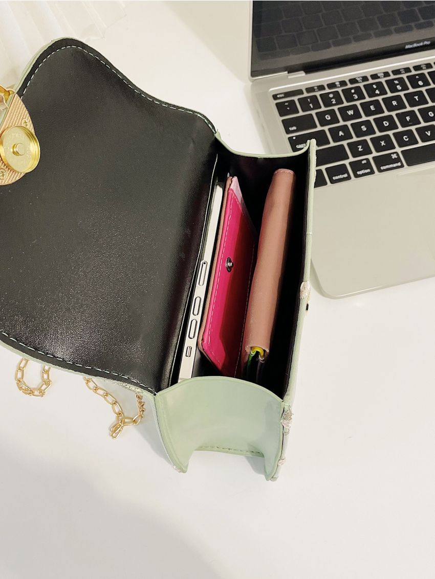 Mini Faux Pearl Decor Floral Embroidered Chain Bag