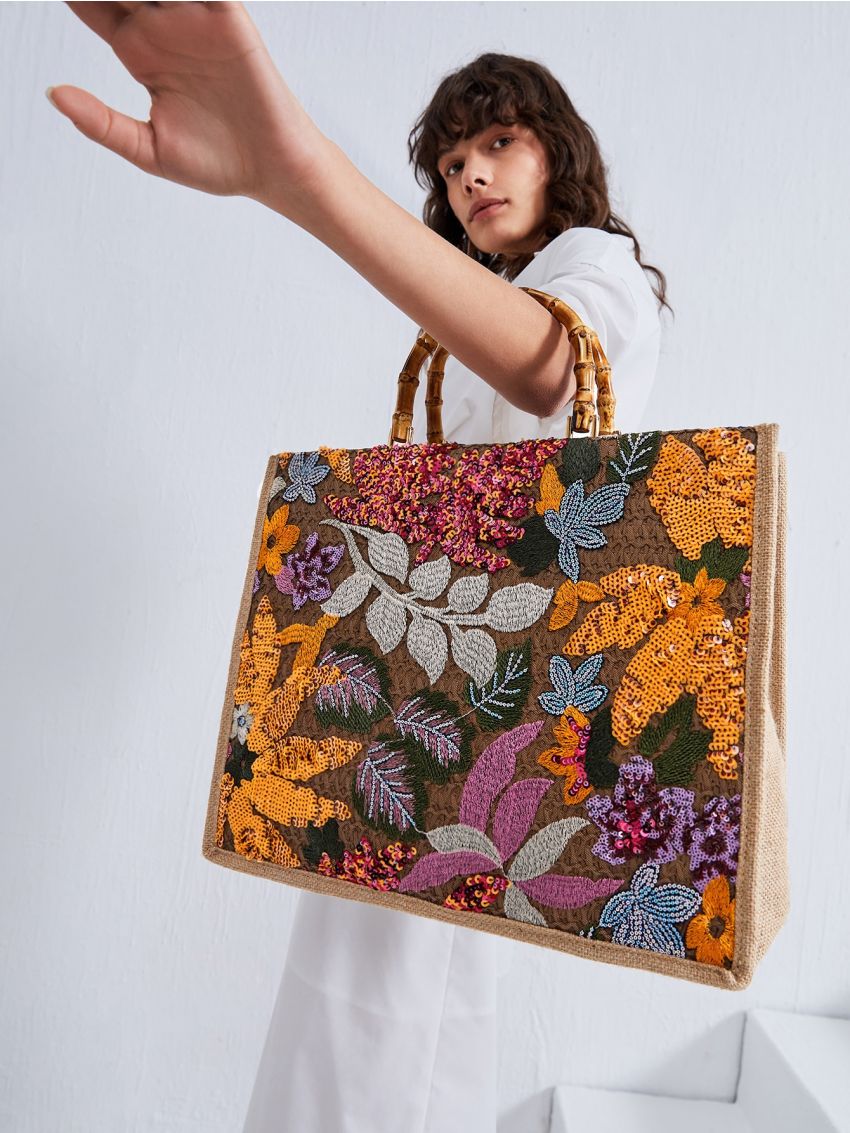 Sequin Decor Flower Embroidery Top Handle Bag