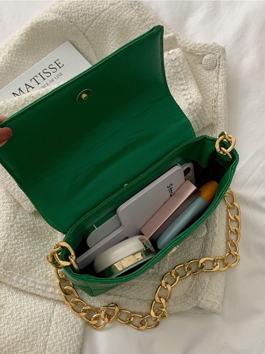 Quilted Pattern Chain Flap Square Bag