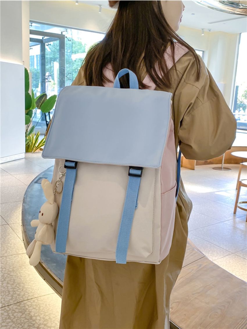 Colorblock Flap Backpack With Doll