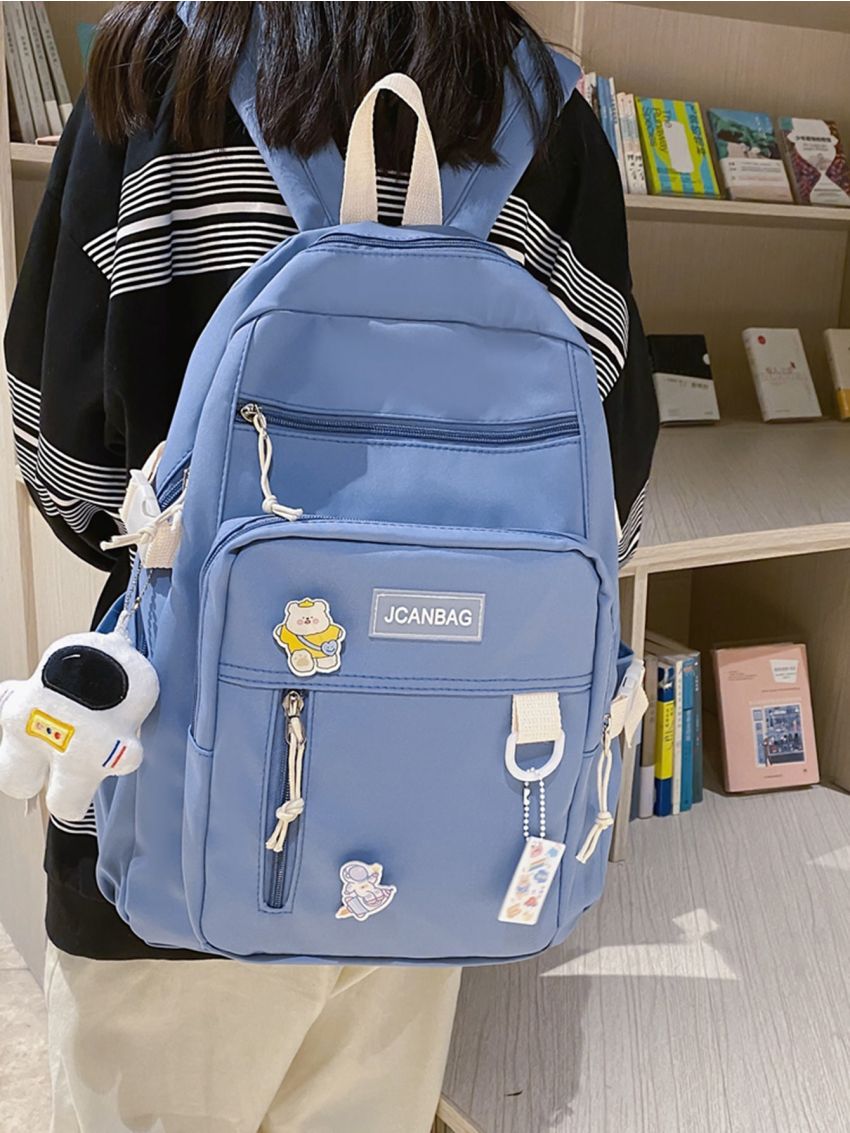 Cartoon Decor Letter Patch Backpack With Doll