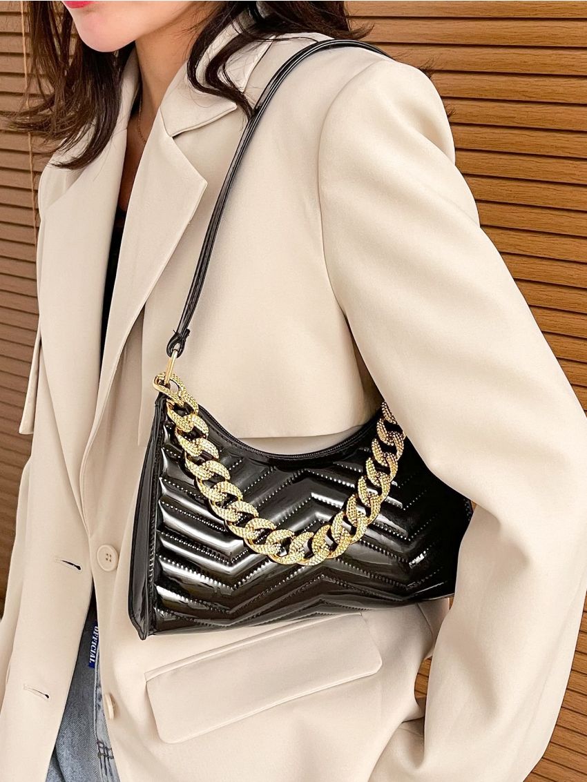 Chain Decor Quilted Pattern Baguette Bag