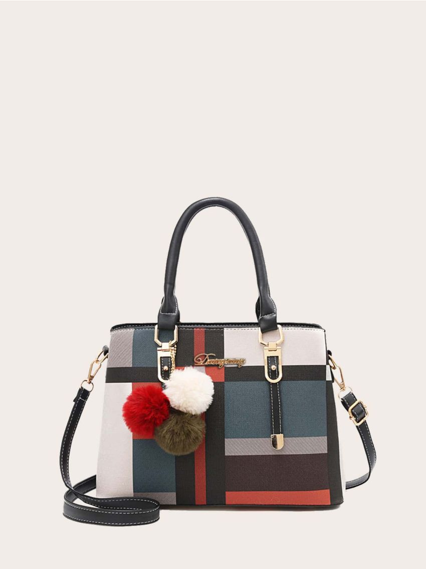 Colorblock Satchel Bag With Pom Pom