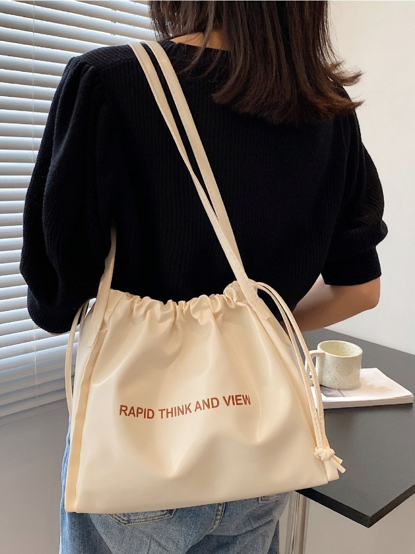 Letter Graphic Drawstring Tote Bag