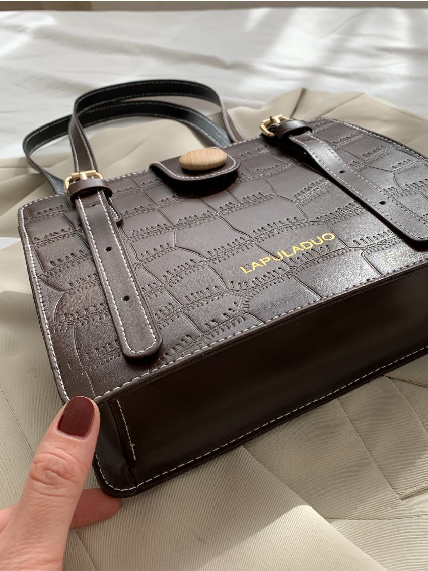 Button Decor Crocodile Embossed Square Bag