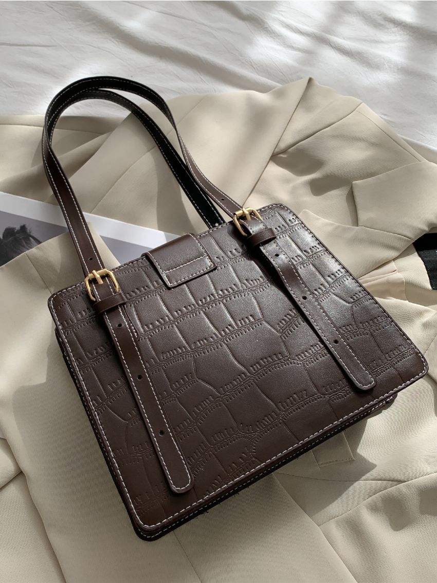 Button Decor Crocodile Embossed Square Bag