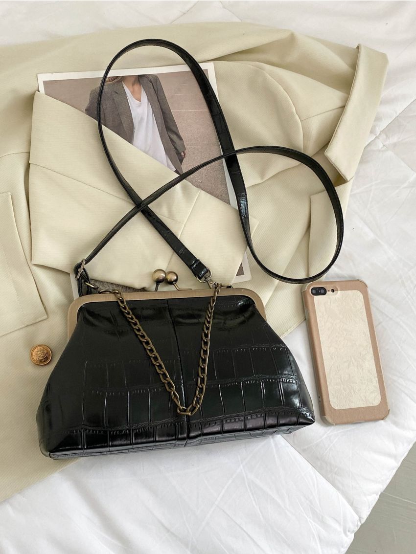 Crocodile Embossed Kiss Lock Square Bag