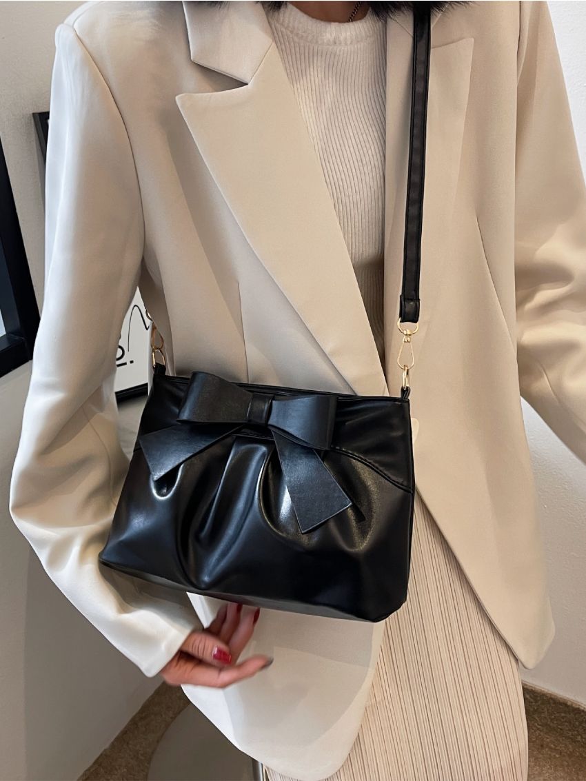 Minimalist Bow Decor Ruched Square Bag