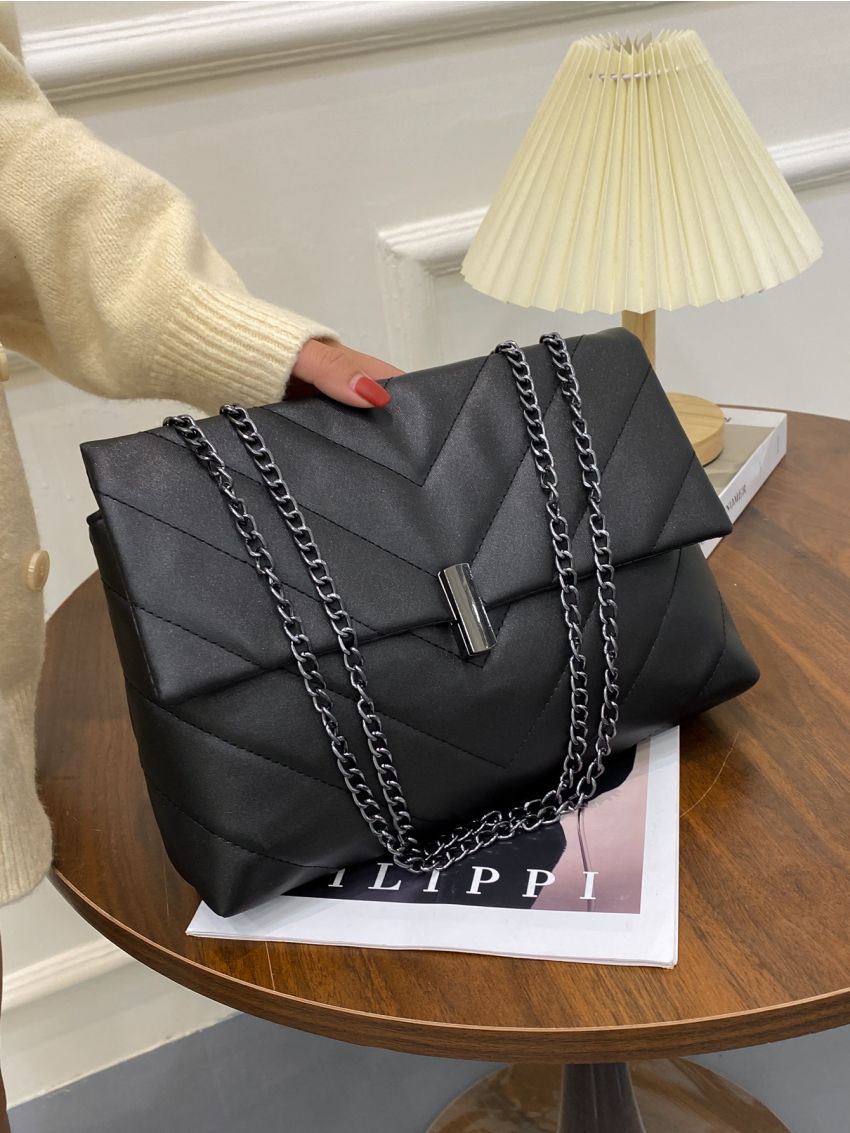 Minimalist Chevron Chain Flap Tote Bag