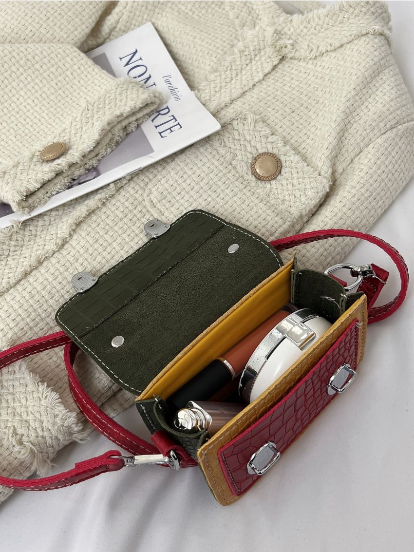 Colorblock Crocodile Embossed Push Lock Square Bag