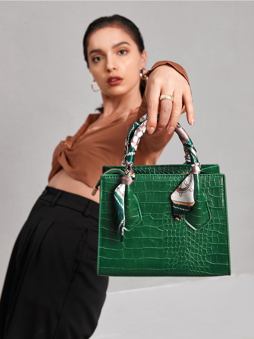 Twilly Scarf Decor Crocodile Embossed Square Bag