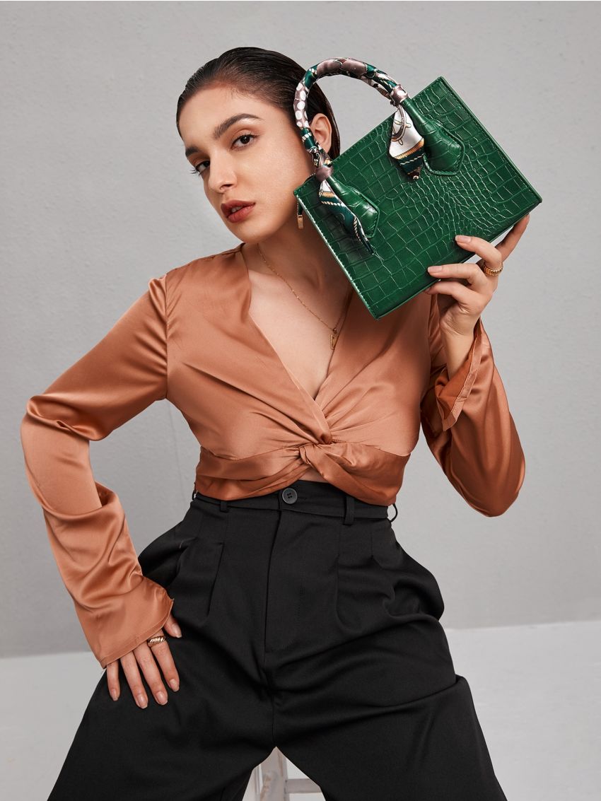 Twilly Scarf Decor Crocodile Embossed Square Bag