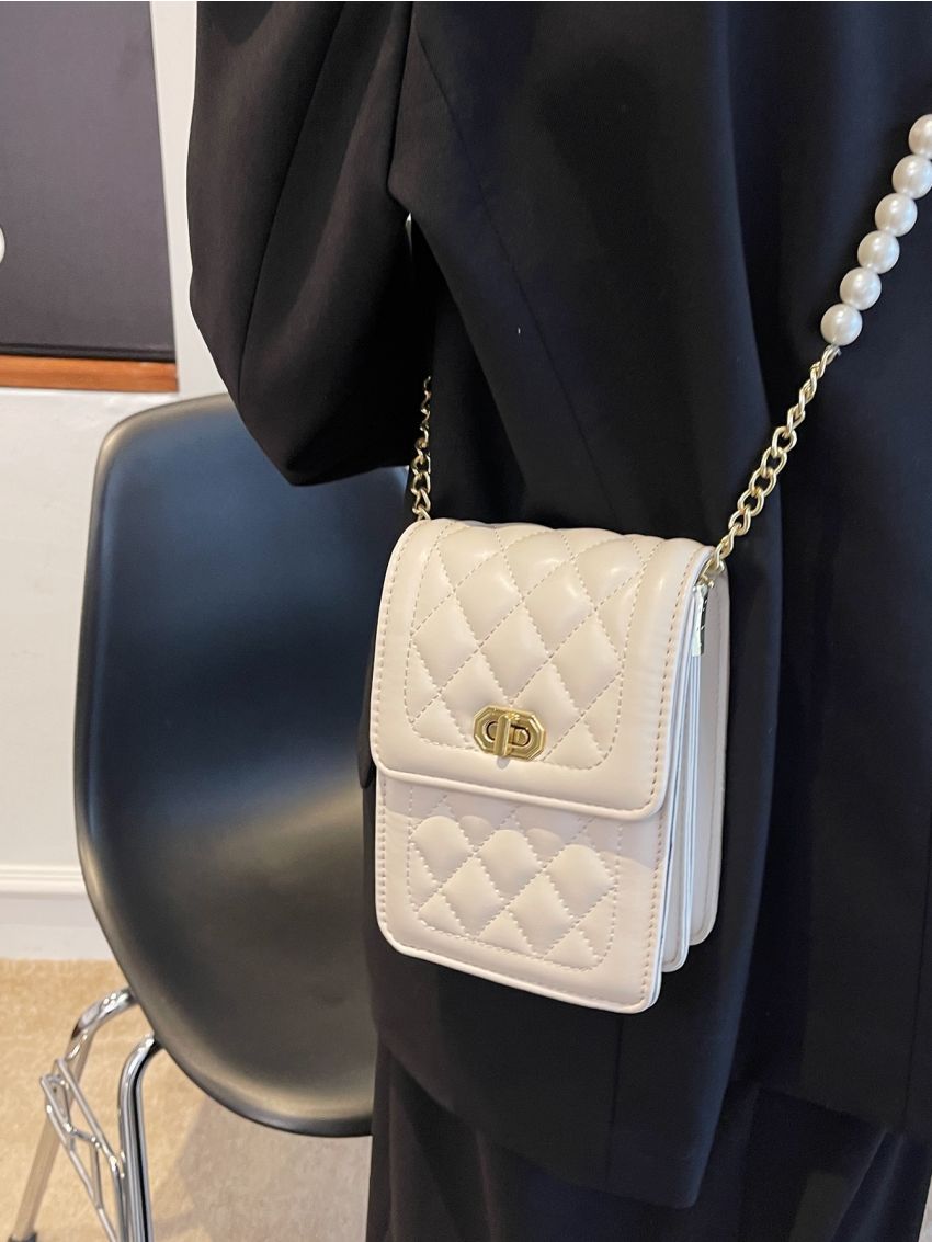 Mini Quilted Faux Pearl Decor Chain Square Bag