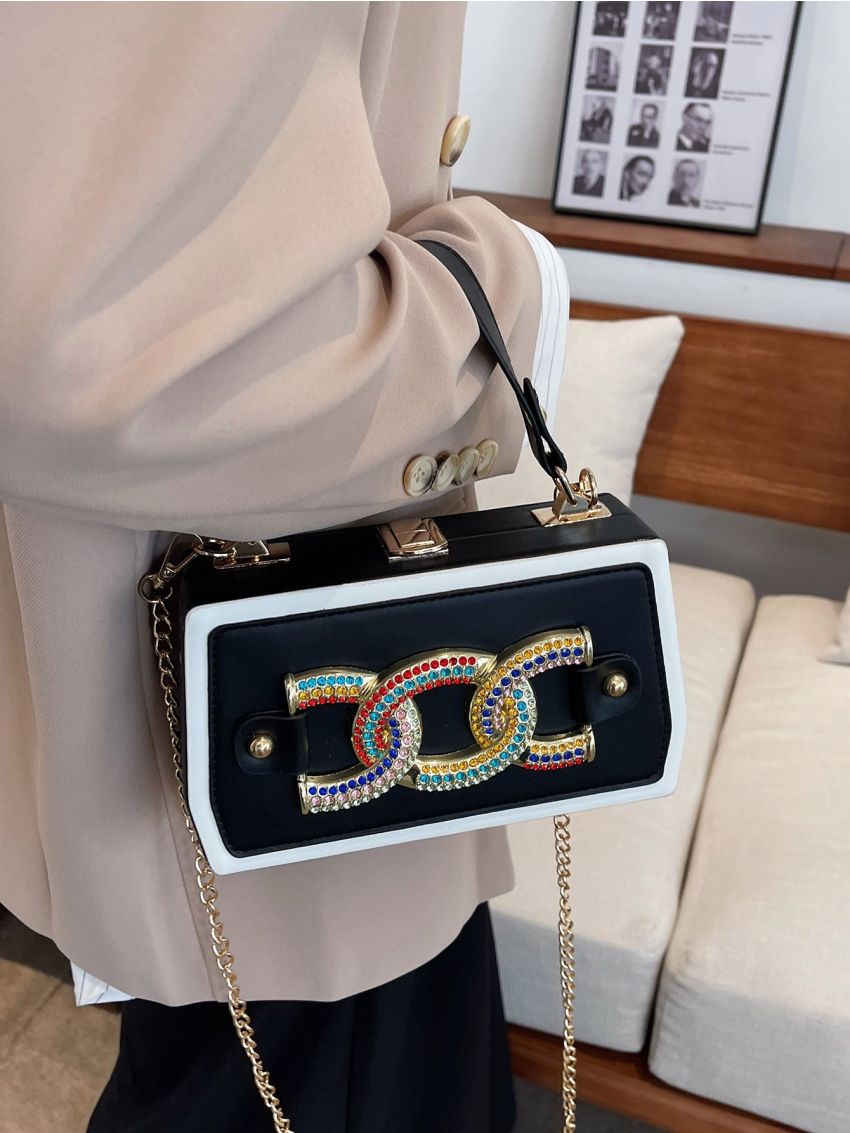 Rhinestone & Chain Decor Box Bag