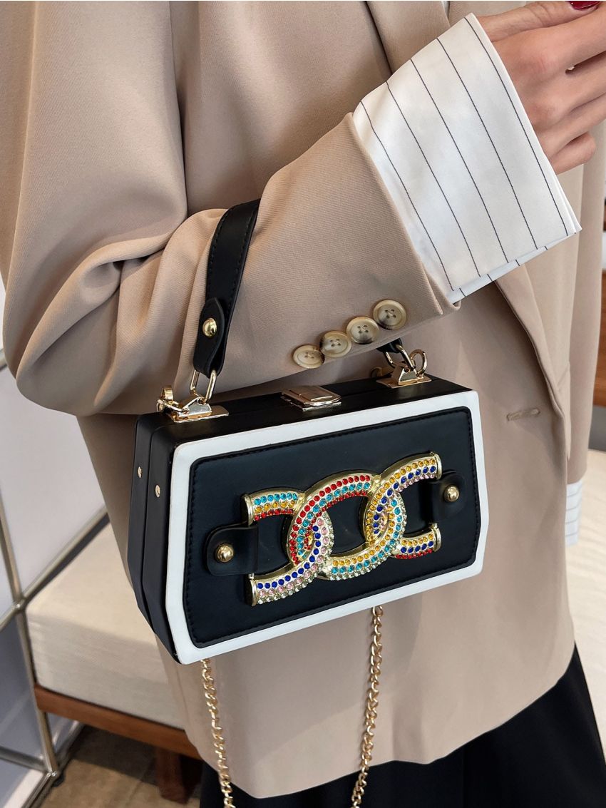 Rhinestone & Chain Decor Box Bag