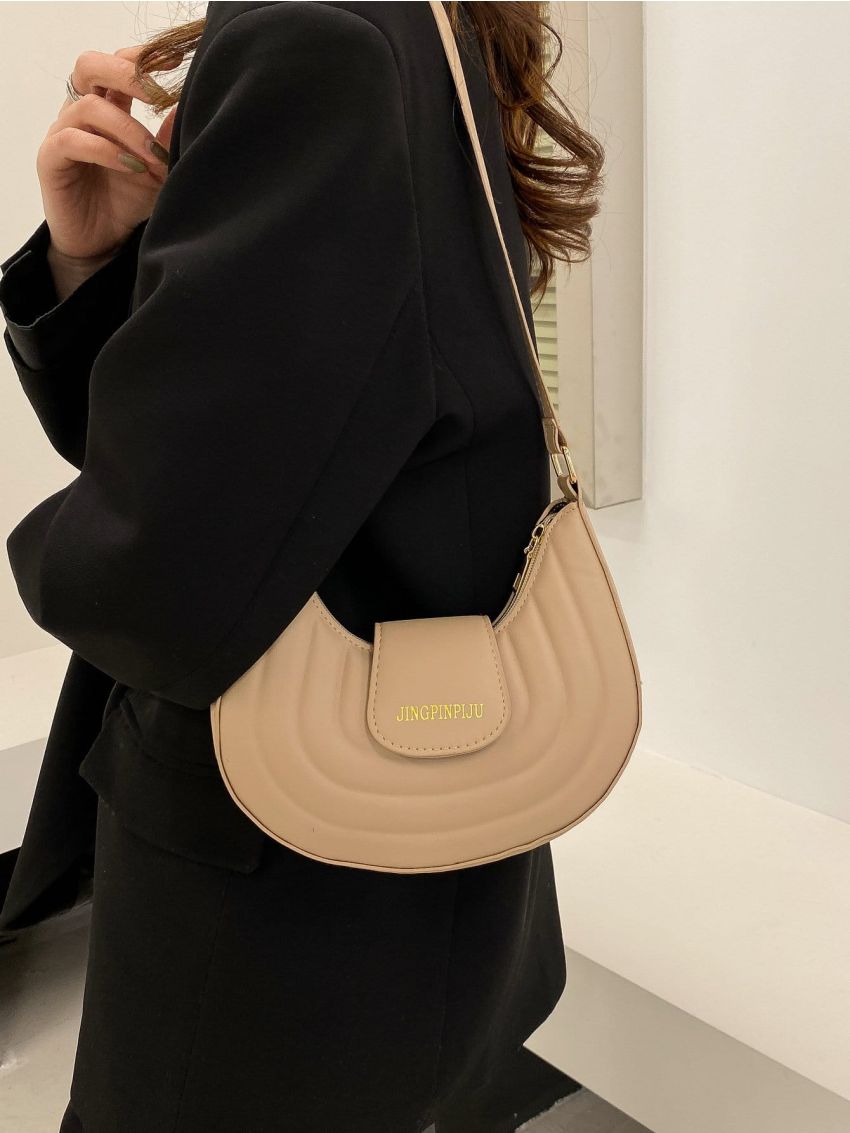 Letter Graphic Flap Baguette Bag