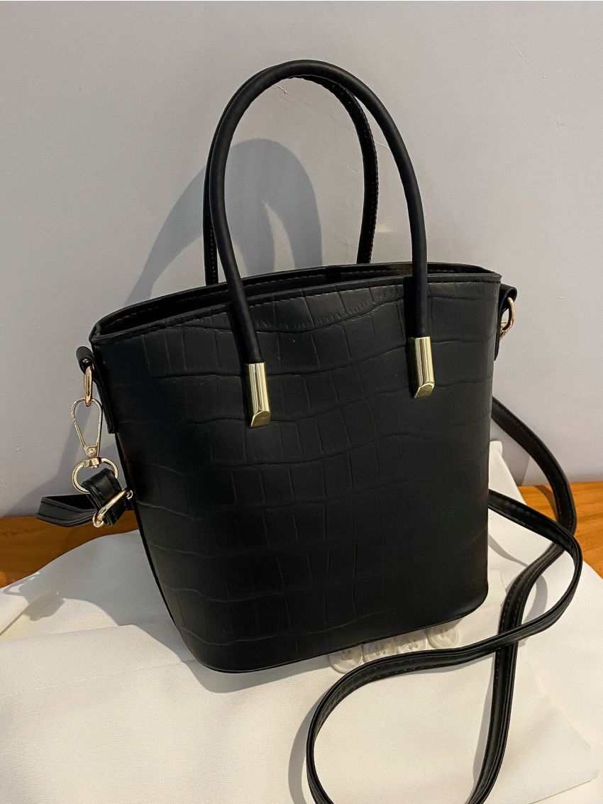 Crocodile Embossed Double Handle Bucket Bag