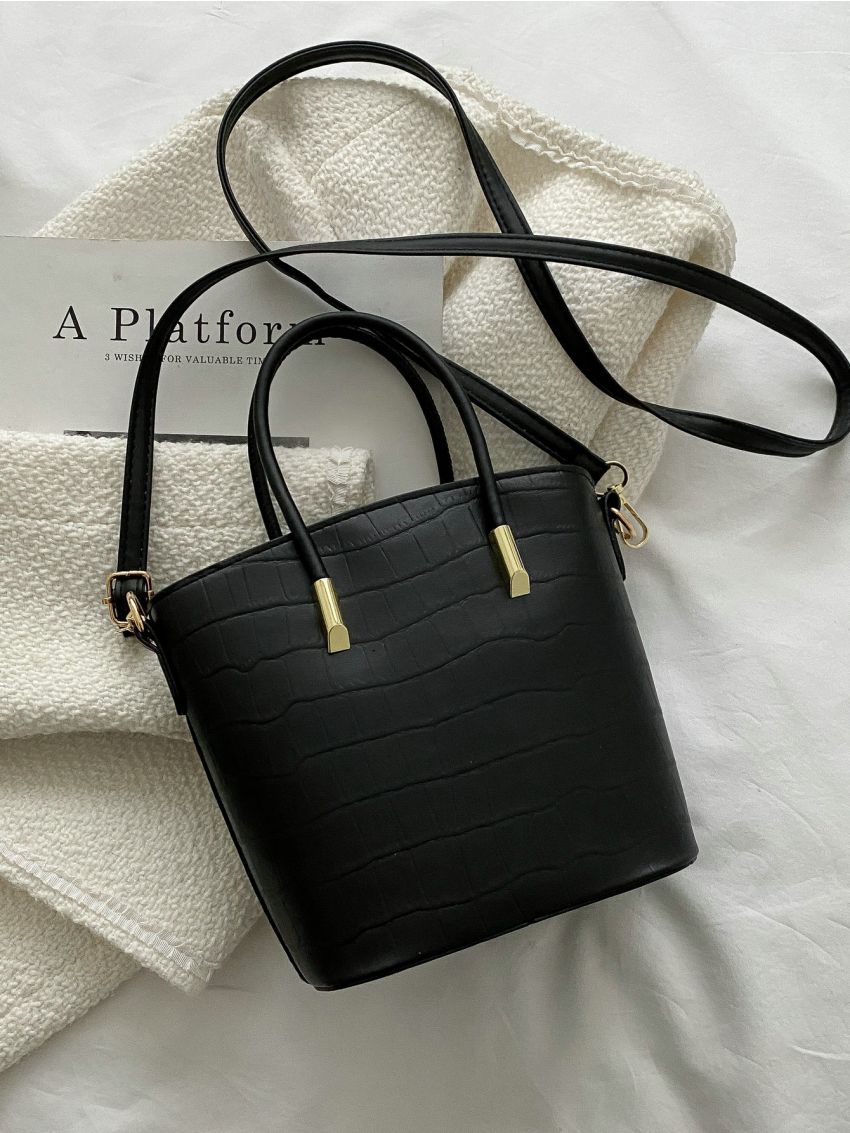 Crocodile Embossed Double Handle Bucket Bag