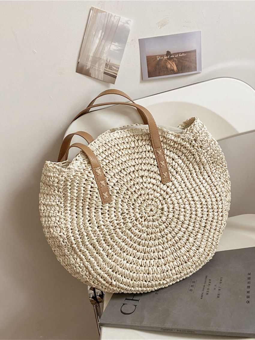 Circle Straw Shoulder Tote Bag