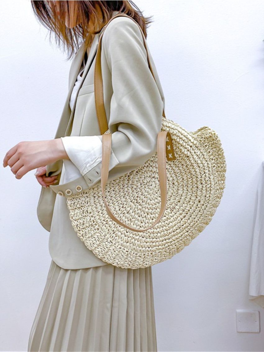 Circle Straw Shoulder Tote Bag