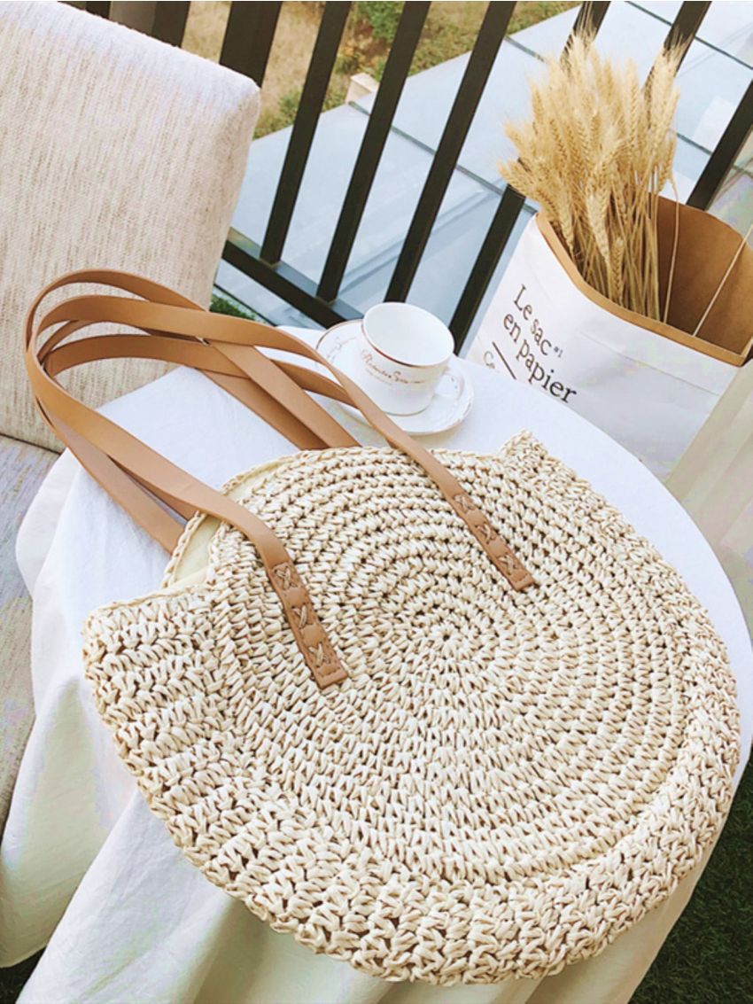 Circle Straw Shoulder Tote Bag
