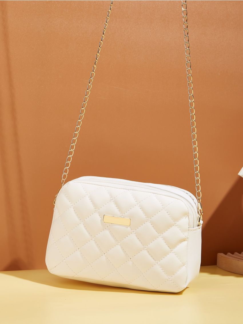 Mini Quilted Detail Metal Decor Chain Square Bag