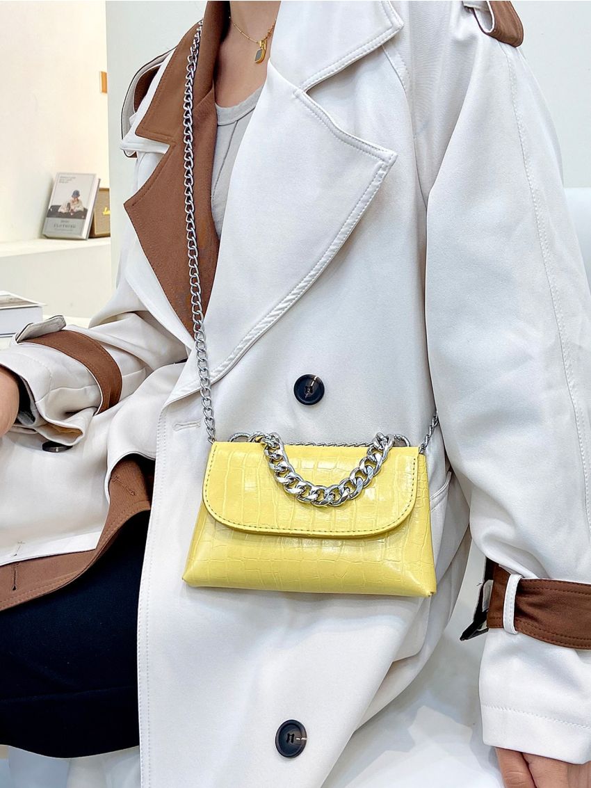 Mini Chain Decor Crocodile Embossed Flap Square Bag