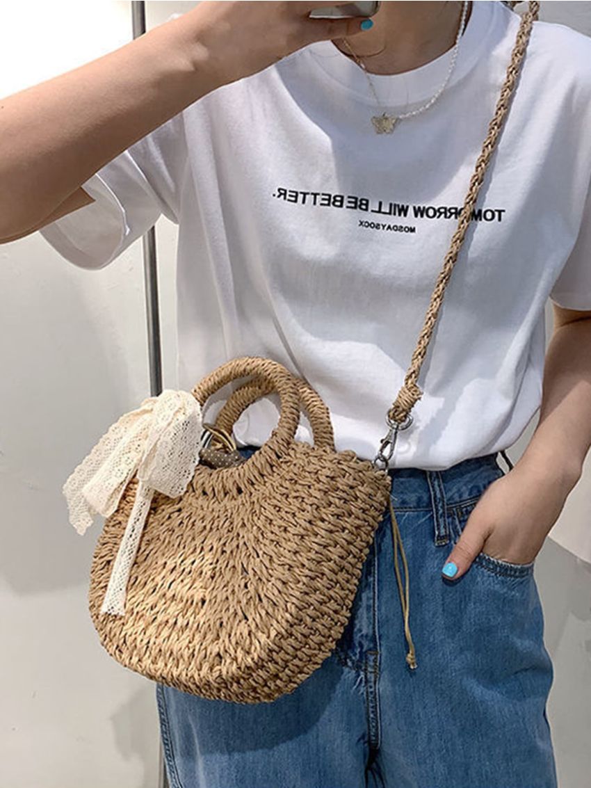 Mini Minimalist Twilly Scarf Decor Straw Bag