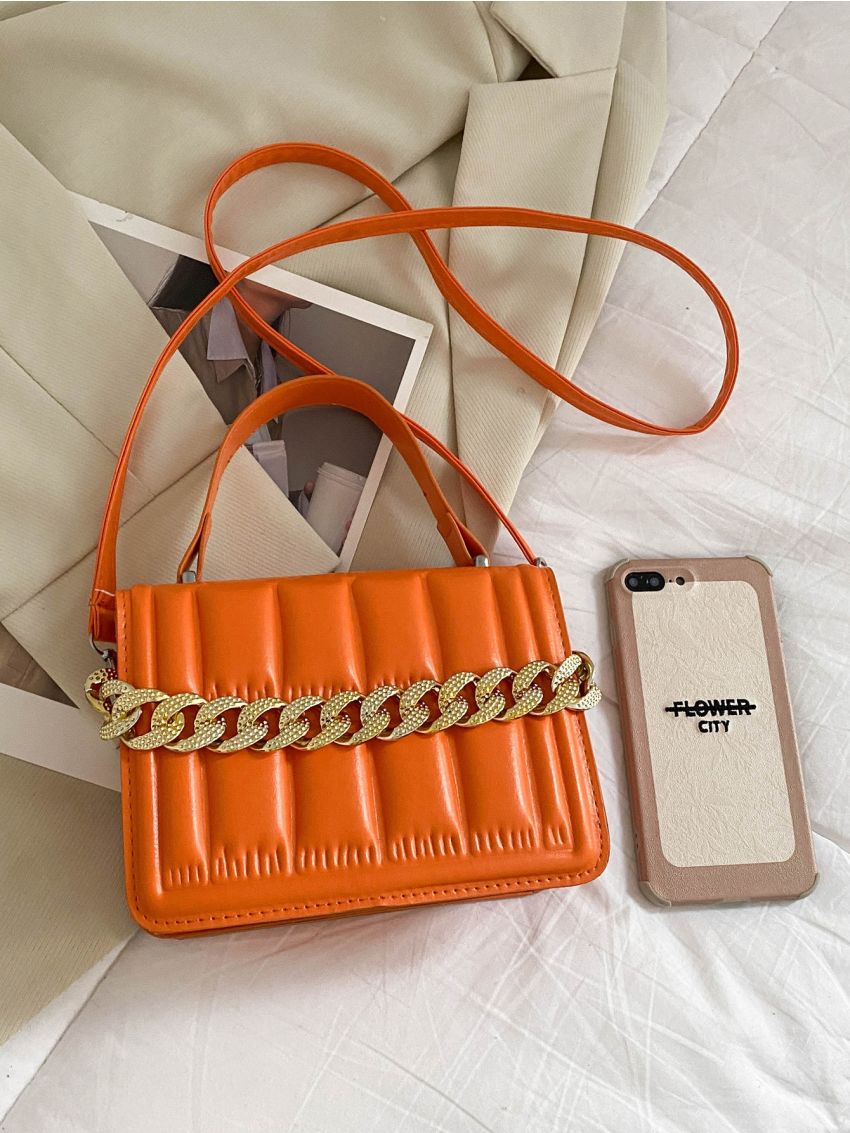 Minimalist Textured Chain Decor Flap Square Bag