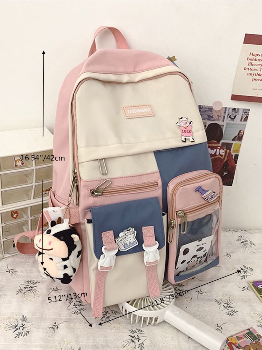 Colorblock Multi-compartment Large Capacity Backpack With Cartoon Charm