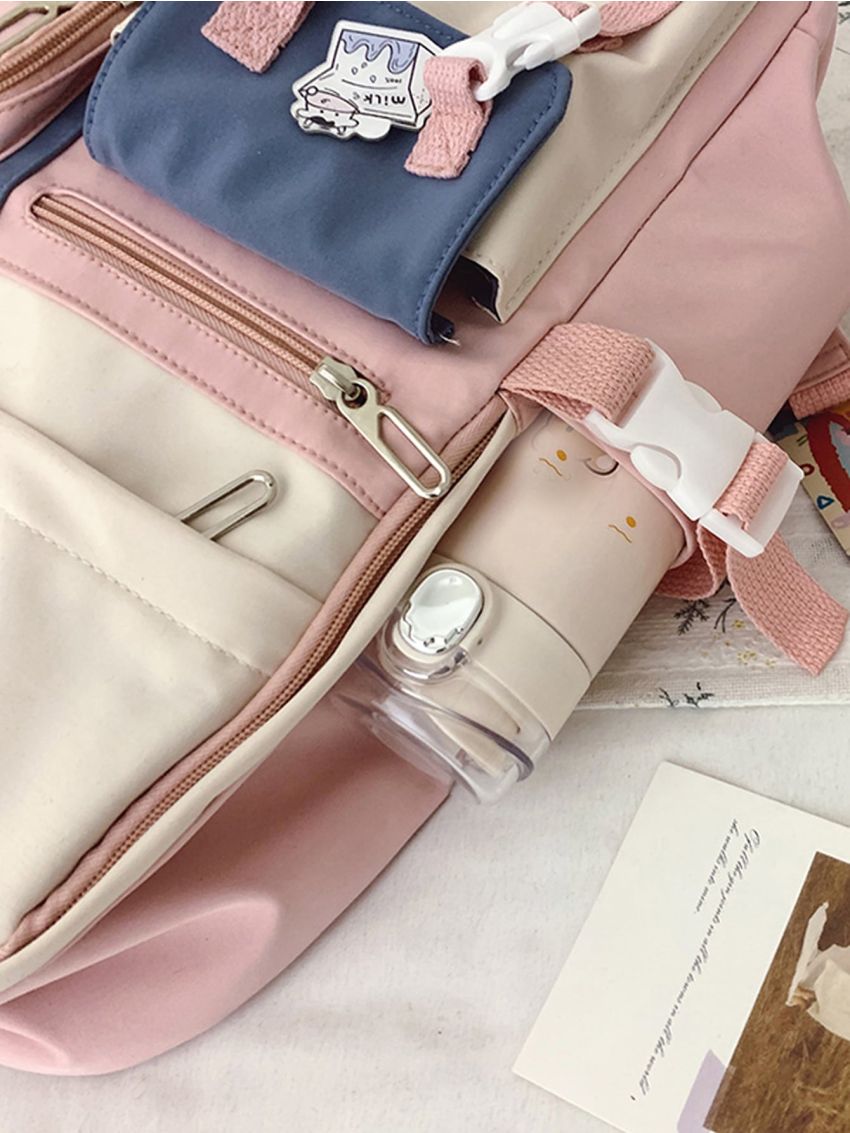 Colorblock Multi-compartment Large Capacity Backpack With Cartoon Charm