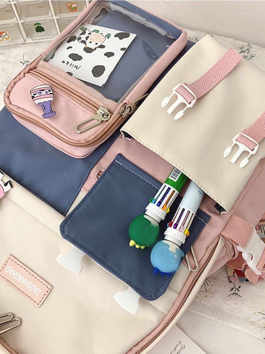 Colorblock Multi-compartment Large Capacity Backpack With Cartoon Charm