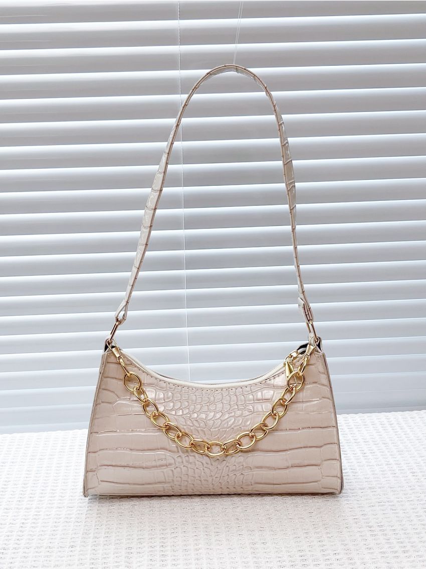 Crocodile Embossed Chain Baguette Bag