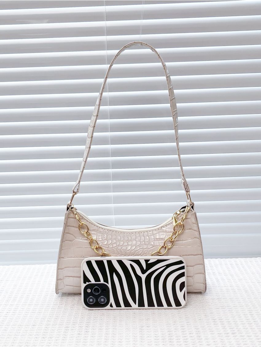 Crocodile Embossed Chain Baguette Bag