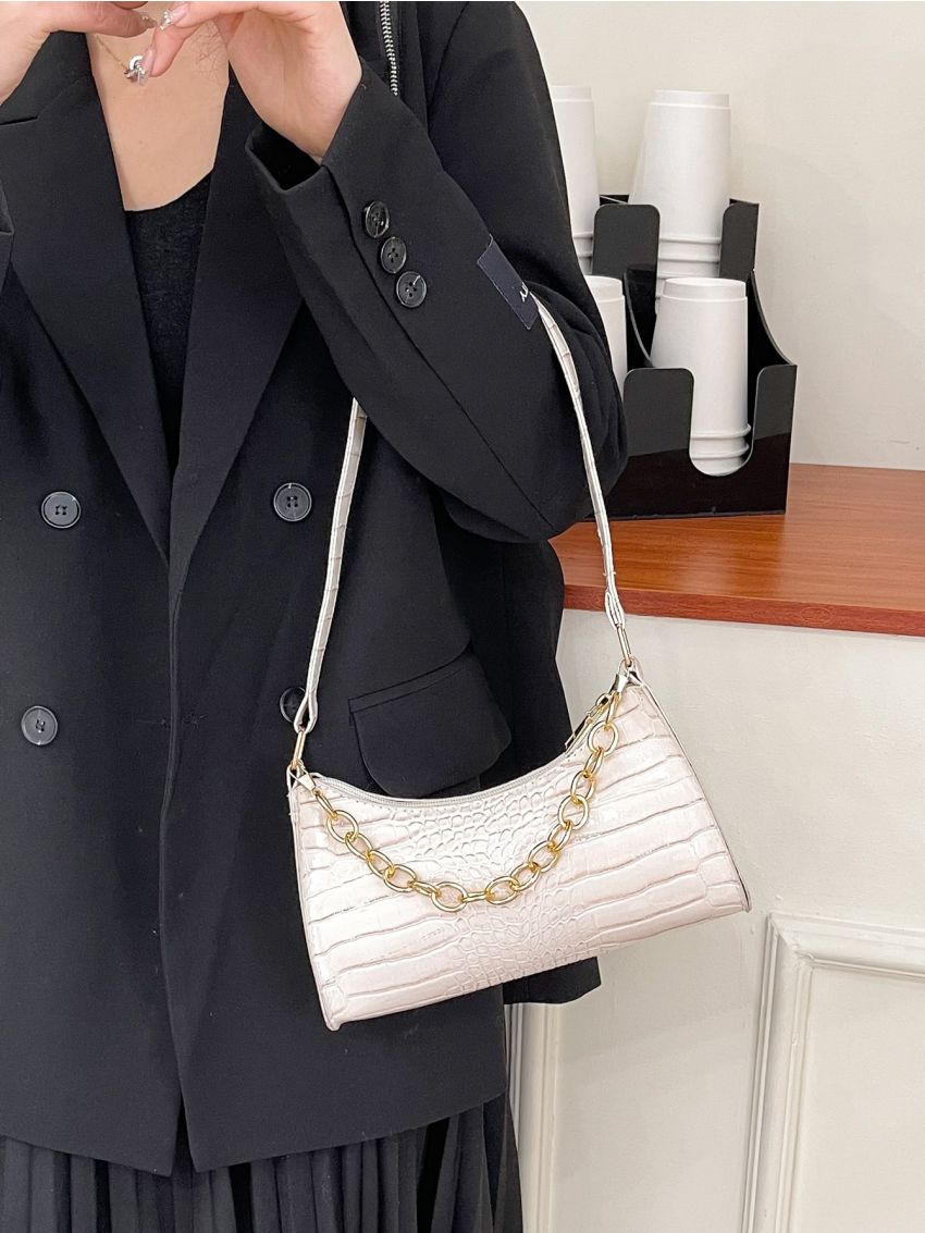 Crocodile Embossed Chain Baguette Bag