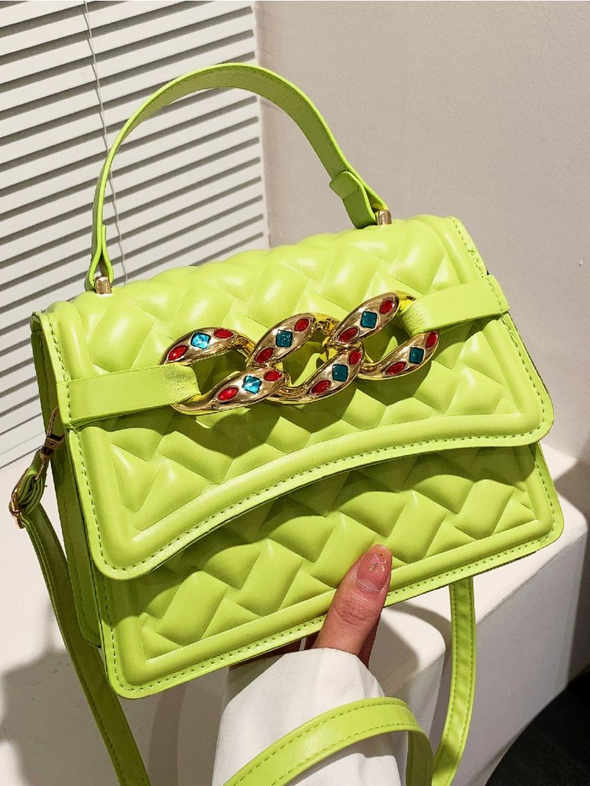 Gemstone & Chain Decor Quilted Flap Square Bag